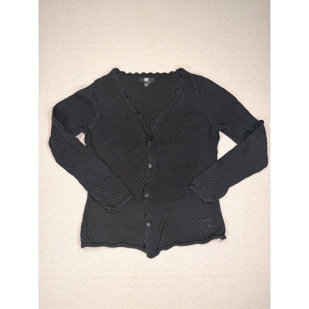 Frye Womens Black Scalloped Pointelle Knit Cotton Button Cardigan Sweater S